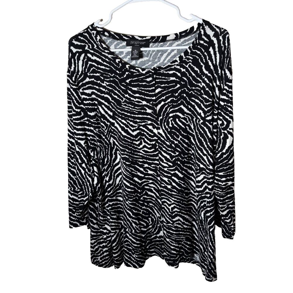 Paraphrase Blouse Women's 3X Black Printed Round Neck 3/4 Sleeve Top Shirt